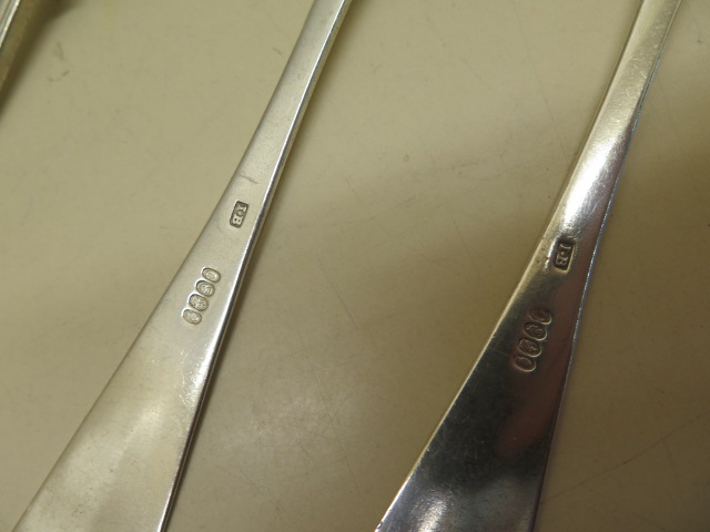 A pair of Irish silver table spoons, Dublin 1823, maker Joshua Buckton, 23cm long and another silver - Image 3 of 5
