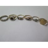 Six 9ct yellow gold rings, 2 missing stones and one cut, total weight approx 11.4 grams