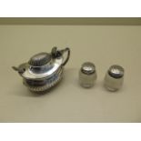 A silver mustard with spoon and two 800 silver top peppers, weighable silver approx 1.8 troy oz,