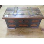 An oak brass bound box with iron carry handles, 23cm tall x 49cm x 25cm