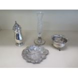 A silver leaf dish, a silver sugar bowl, a Mappin and Webb silver shaker 6cm tall and a glass vase