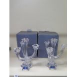 A boxed pair of Villeroy and Boch glass candlabra, 23cm tall, in good condition