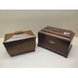 Two 19th century mahogany tea caddies, one with void interior, both ideal restoration projects,