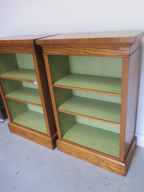 A pair of burr oak open bookcase with adjustable shelves and painted interior, 95cm tall x 61cm x - Image 2 of 3