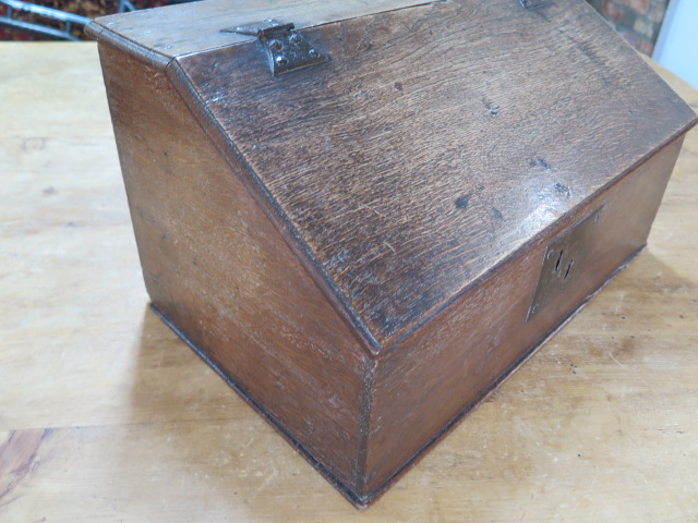 A 19th century oak clerks box with a sloping front and three internal drawers, 27cm tall x 49cm x - Image 3 of 4