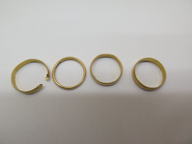 Three hallmarked 22ct band rings and a cut 22ct band ring, total weight approx 13 grams, sizes O/P/Q - Image 2 of 2