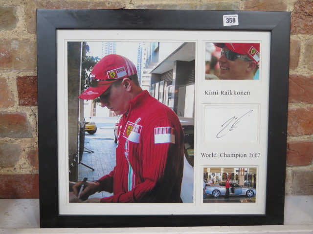 Sporting interest: signed montage Kimi Raikkonen, frame size 48cm x 53cm, Finnish Formula 1 driver