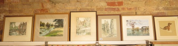 Three Philip Martin watercolours of Cambridge, a Liz Cooper watercolour of The Cam and a watercolour