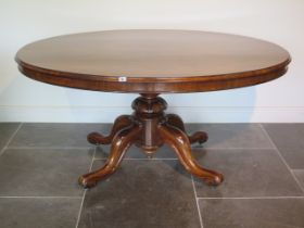 A good 19th century rosewood breakfast table with an oval 152cm x 120cm top on a carved quatrefoil