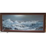 Peter Cosslett (1927-2012) oil on canvas waves breaking on a rocky shore, frame size 58cm x 135cm,