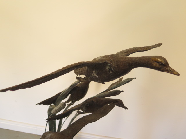 An Escar UK bronze water feature of four ducks in flight amongst the bullrushes, 128cm tall x - Image 2 of 4