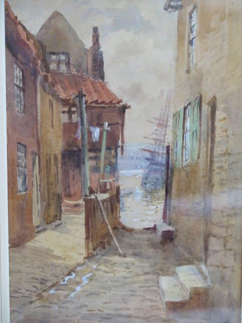 A pair of watercolours signed J W Williams of an alley with a ship at anchor in gilt frames, 40cm - Image 2 of 4