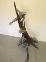 An Escar UK bronze water feature of frogs on a tree stump and lily, 127cm tall with good patina, RRP