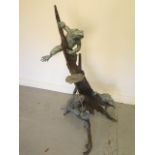 An Escar UK bronze water feature of frogs on a tree stump and lily, 127cm tall with good patina, RRP