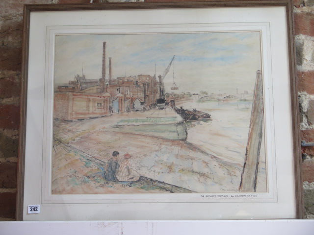 A watercolour of Mortlake Brewery by Archibald Standish Hartrick (1864-1950) OBE, BM, RSW with label