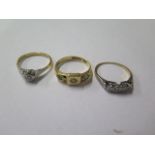 Three 18ct yellow gold rings, sizes M, N, approx weight 7.6 grams, one in worn condition, the