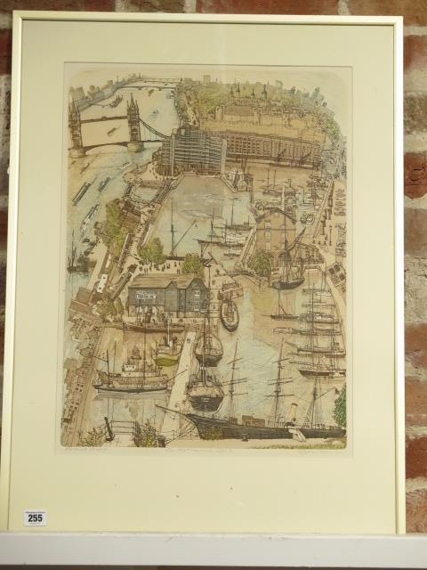 Glynn Thomas artist proof signed print, St Katharines Dock, in a gilt frame, 77cm x 57cm, some fly