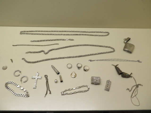 A collection of silver and white metal and other jewellery, an 800 silver pill box and a plated