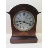 An 8 day silvered dial bracket clock mahogany case with boxwood and shell inlay, brass feet and