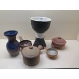 Six piece of Leach pottery, St Ives together with a stoneware vase by Michael Kennedy and an egg