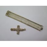 A wide 9ct yellow gold bracelet, 18.5cm long x 2.8cm wide and a 9ct cross, 7cm long, total weight