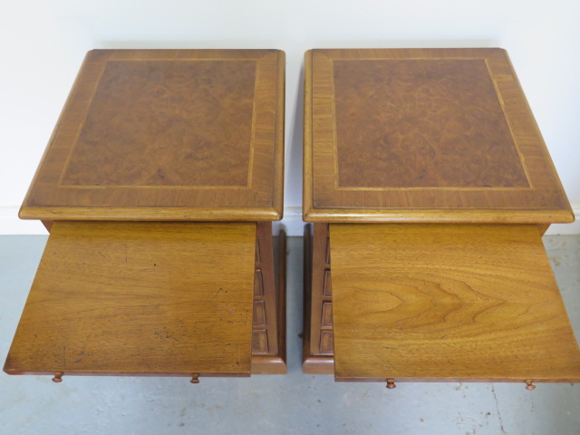 A pair of burr wood veneer four drawer bedside chests each with a slide, reveneered by made by a - Image 3 of 4