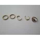 Five 9ct gold rings, approx 9 grams (2 are cut)