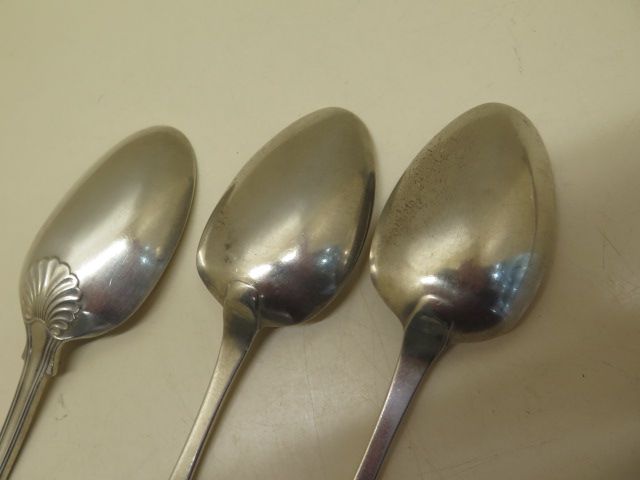 A pair of Irish silver table spoons, Dublin 1823, maker Joshua Buckton, 23cm long and another silver - Image 5 of 5