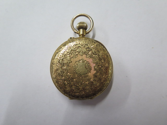 An 18ct yellow gold top wind pocket watch, 35mm case, with base metal dust cover, in running - Image 2 of 6