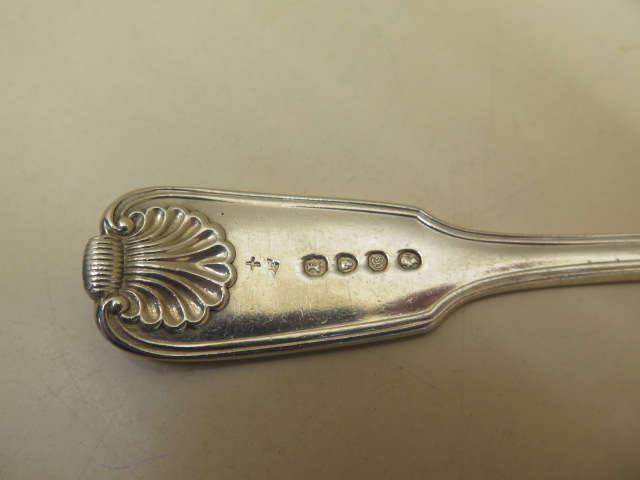 A pair of Irish silver table spoons, Dublin 1823, maker Joshua Buckton, 23cm long and another silver - Image 4 of 5