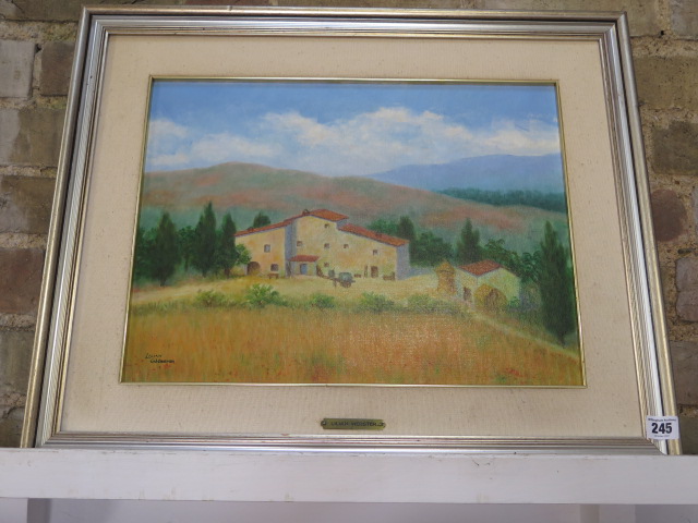 Lilian Webster oil on board Tuscany landscape Villa scene in a silvered frame, 52cm x 61cm, in