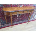 A walnut D shaped two drawer hall table made by a local craftsman to a high standard, 76cm tall x