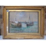 A watercolour of boats at anchor signed twice Eva Marsh, in a gilt frame, frame size 43cm x 54cm,