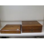 Two oak boxes with relined interiors in polished condition, largest 16cm x 40cm x 32cm