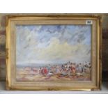 John Rohda, oil on board, figures on a beach in gilt frame, frame size 40cm x 50cm, minor knocks