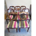 Eight Victorian mahogany balloon back dining chairs (6 + 2) all recovered, in good condition