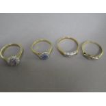 Two 18ct gold rings, stone missing to one, approx 4 grams, size L, a 14ct ring, size O approx 2.3