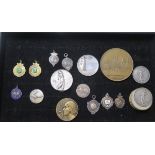 Two gold plated silver medallions, 10 other silver medallions and 4 others, total silver weight