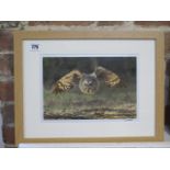 An L Munro signed photographic print of a short eared owl in flight, on archival paper, acid free