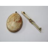 A hallmarked 9ct yellow gold bar brooch, 6cm long, approx 3.3 grams, and a 9ct mounted cameo 4cm x