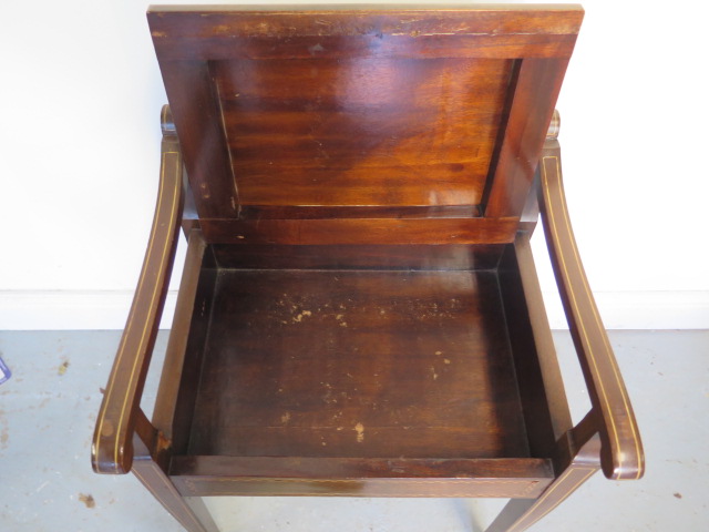 A nice Edwardian inlaid mahogany piano stool with lift up seat, 66cm tall x 48cm wide - Image 2 of 2