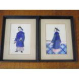 Two Oriental watercolours on silk, some splits and marks to silk but colours bright, 19cm x 14cm