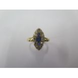 An 18ct yellow gold Navette shape diamond and sapphire ring, size P, head approx 16mm x 10mm, approx