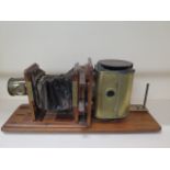 A Victorian Bellows brass and mahogany Magic Lantern projector, 64cm long
