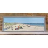 A Bill Burnett oil on canvas board, Southwold beach scene, frame size 36cm x 97cm