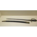 A brass hilted Police or Customs hanger sword with shagreen grip and leather scabbard, blade