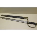 A brass hilted Police or Customs hanger sword with shagreen grip and leather scabbard, blade