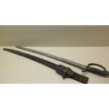 A brass hilted Police or Customs hanger sword with shagreen grip and leather scabbard, blade