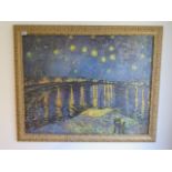 An oil on canvas Van Gogh style painting starry night over the Rhone in gilt frame, 81cm x 100cm, in