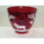 A Roland Ward ruby glass overlay etched bowl, 17cm tall x 22cm diameter, some small scratches mainly